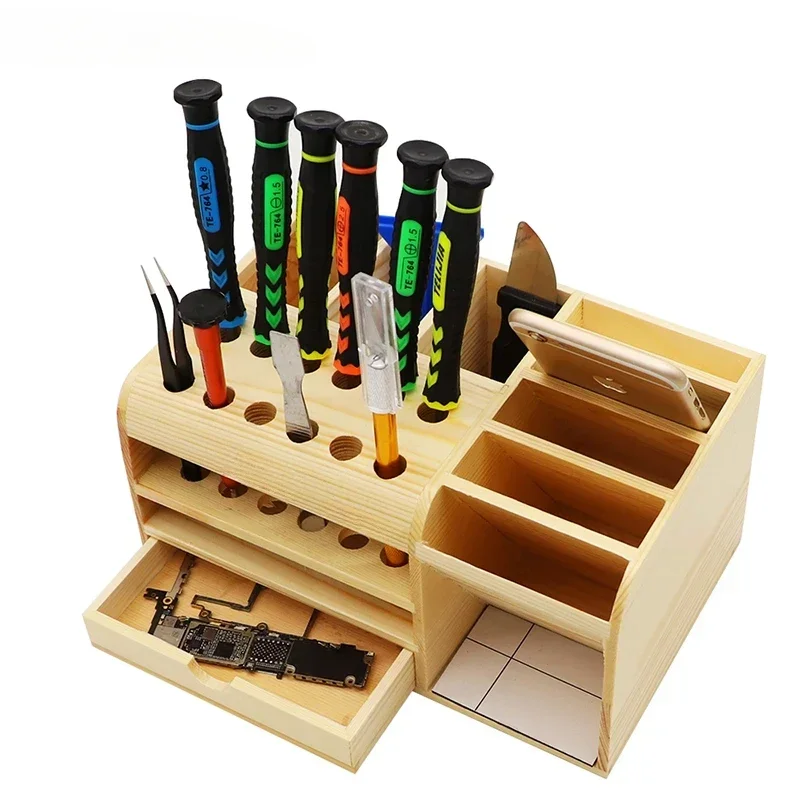 

Wooden Multi-Function Storage Box For Mobile Phone Repair Tools Holder Screwdriver/Tweezer Pliers Stand Rack Wood Container
