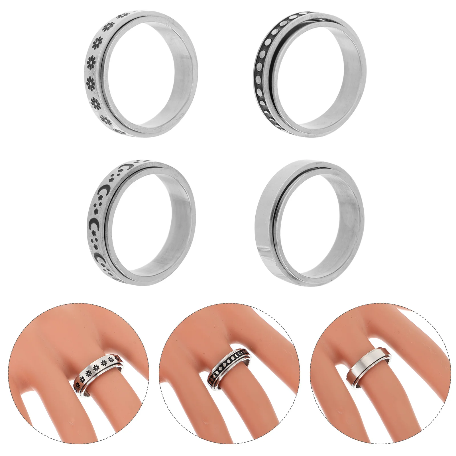 

4 Pcs Stars Moon Rings Titanium Steel Rotating The Finger Decoration Universal Spinning Metal
