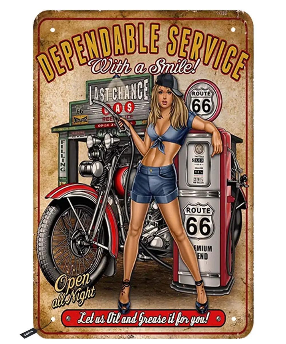 Swono Dependable Service Tin Signs,Sexy Pin Up Girl Beside The Motorbike and Oil Station Vintage Metal Tin Sign For Men Wom sign