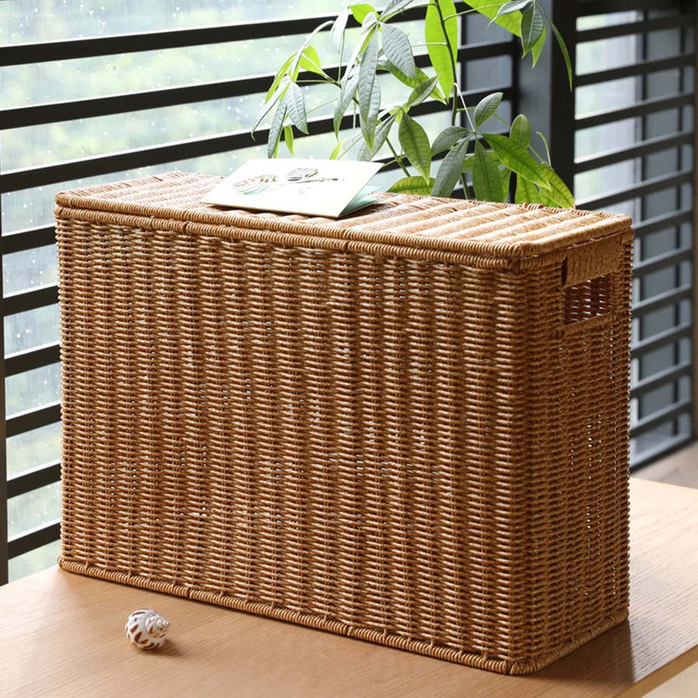 

Garbage Bin Narrow and Tall Storage Box with Lid Woven Basket Container Magazine Handle Weaving Baskets Weave Sundries