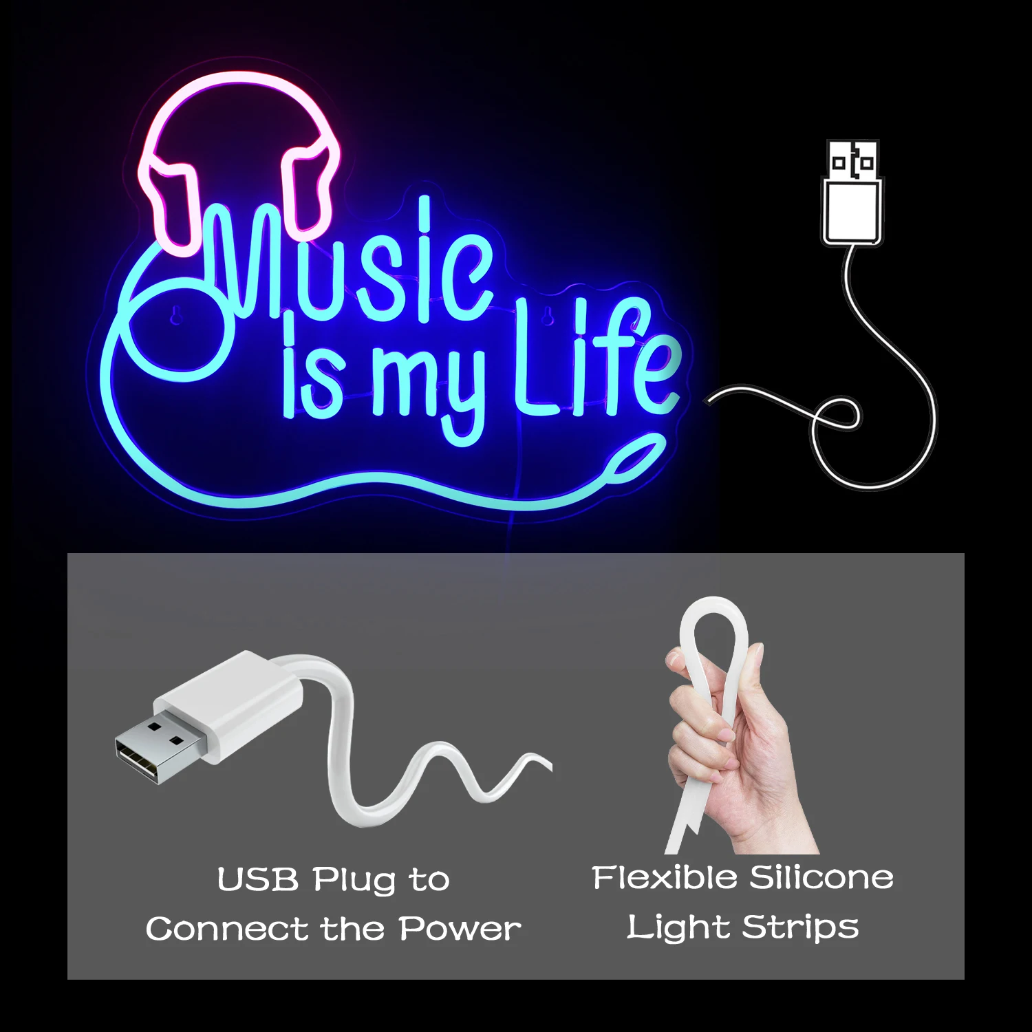 Music Is My Life Neon Signs Headphone Neon Light Up Sign Bedroom Live Music Studio Club Music Home Bars Party Night LED Lights