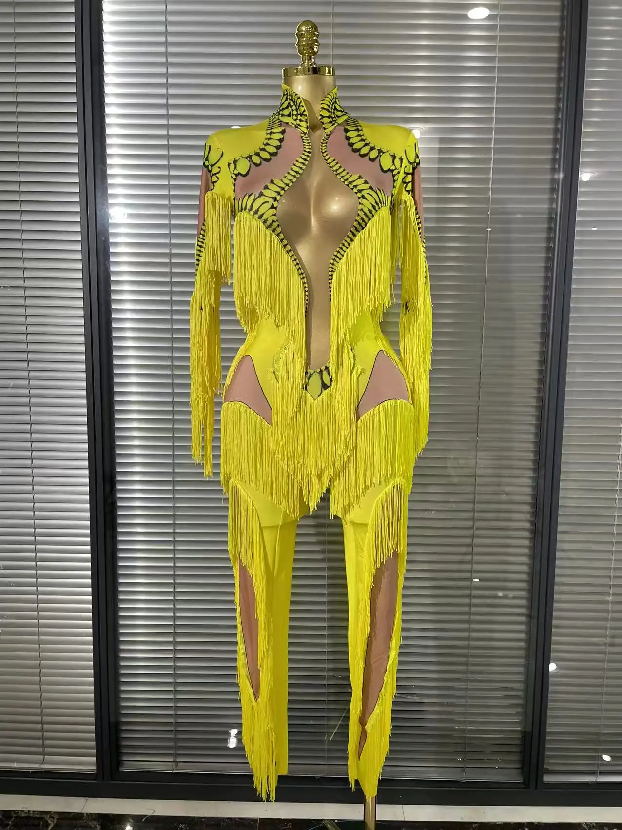 الأصفر شرابة بذلة المرأة طويلة الأكمام دنة نحيل هامش يوتار مثير المرحلة ارتداء DJ المغني راقصة عرض الحفلات زي #2