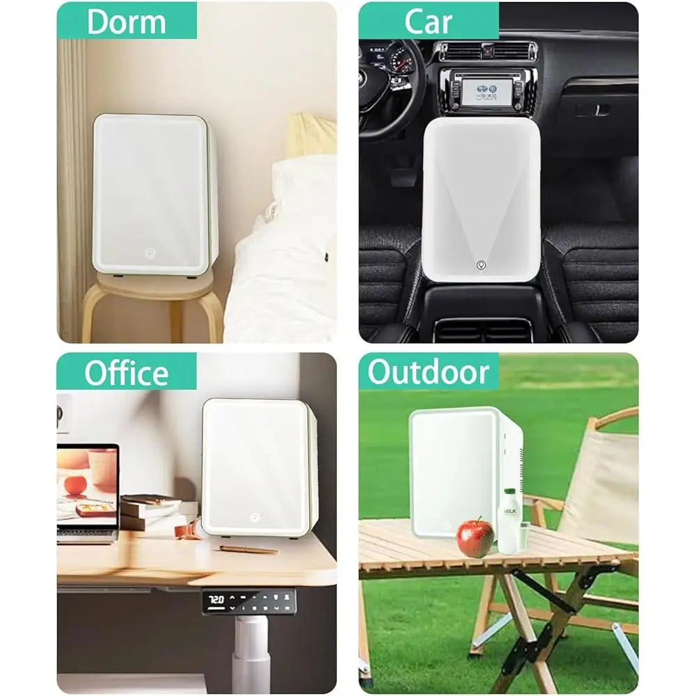Compact Mini Fridge 4L with Adjustable LED Light Mirror Cooler Warmer Skincare Drinks Bedroom Office Car