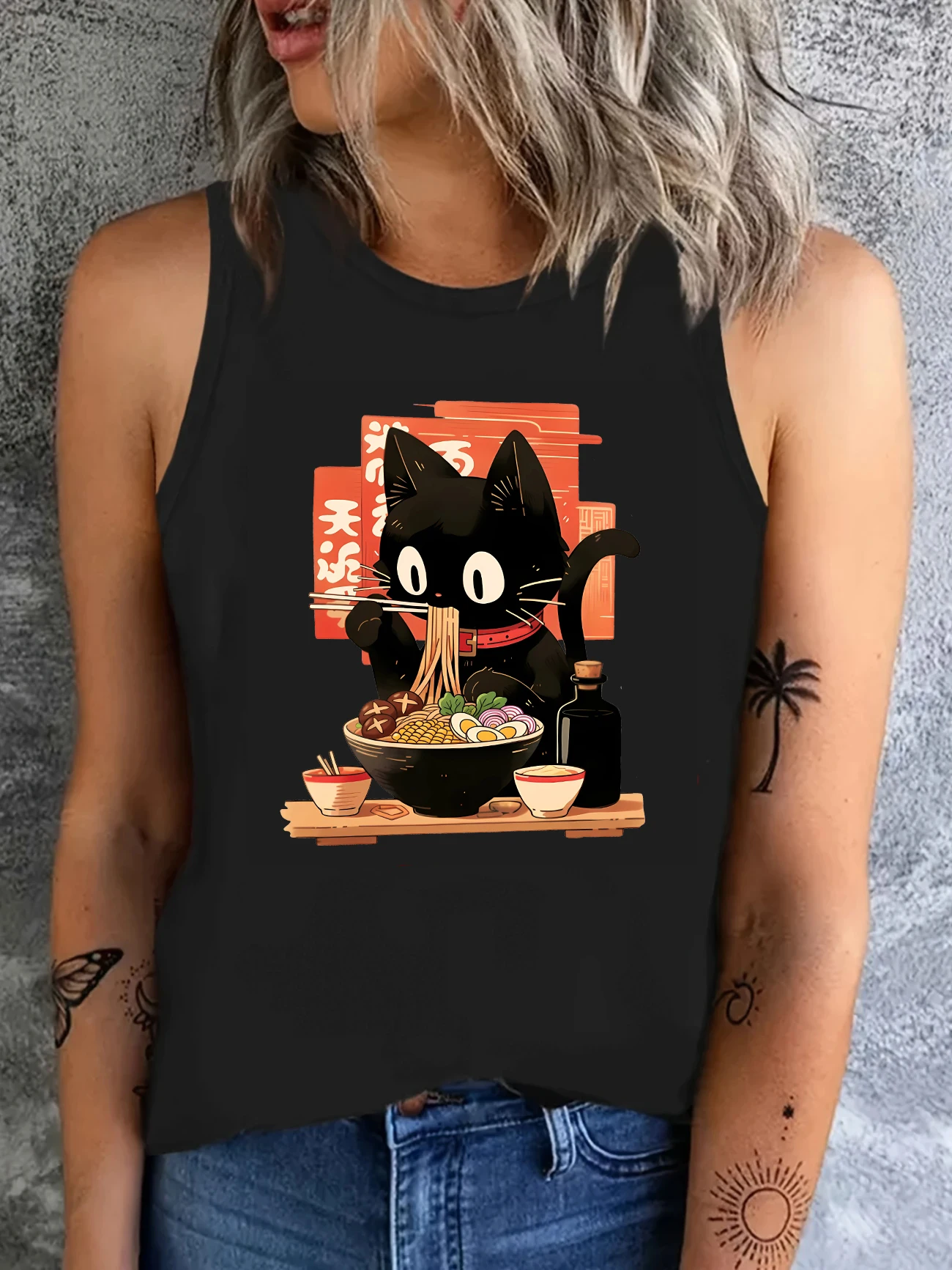 Camiseta divertida de los años 90 con estampado de gato Ramen, chaleco con estampado de estilo japonés, camiseta sin mangas con cuello redondo para mujer, Top informal para verano y primavera