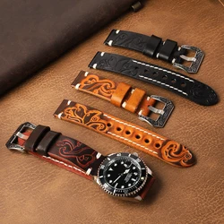 Retro Handmade Watchband 18mm 20mm 22mm 24mm Vintage Genuine Leather Carved Embossed Strap for Panerai Watch Band Wrist Belt