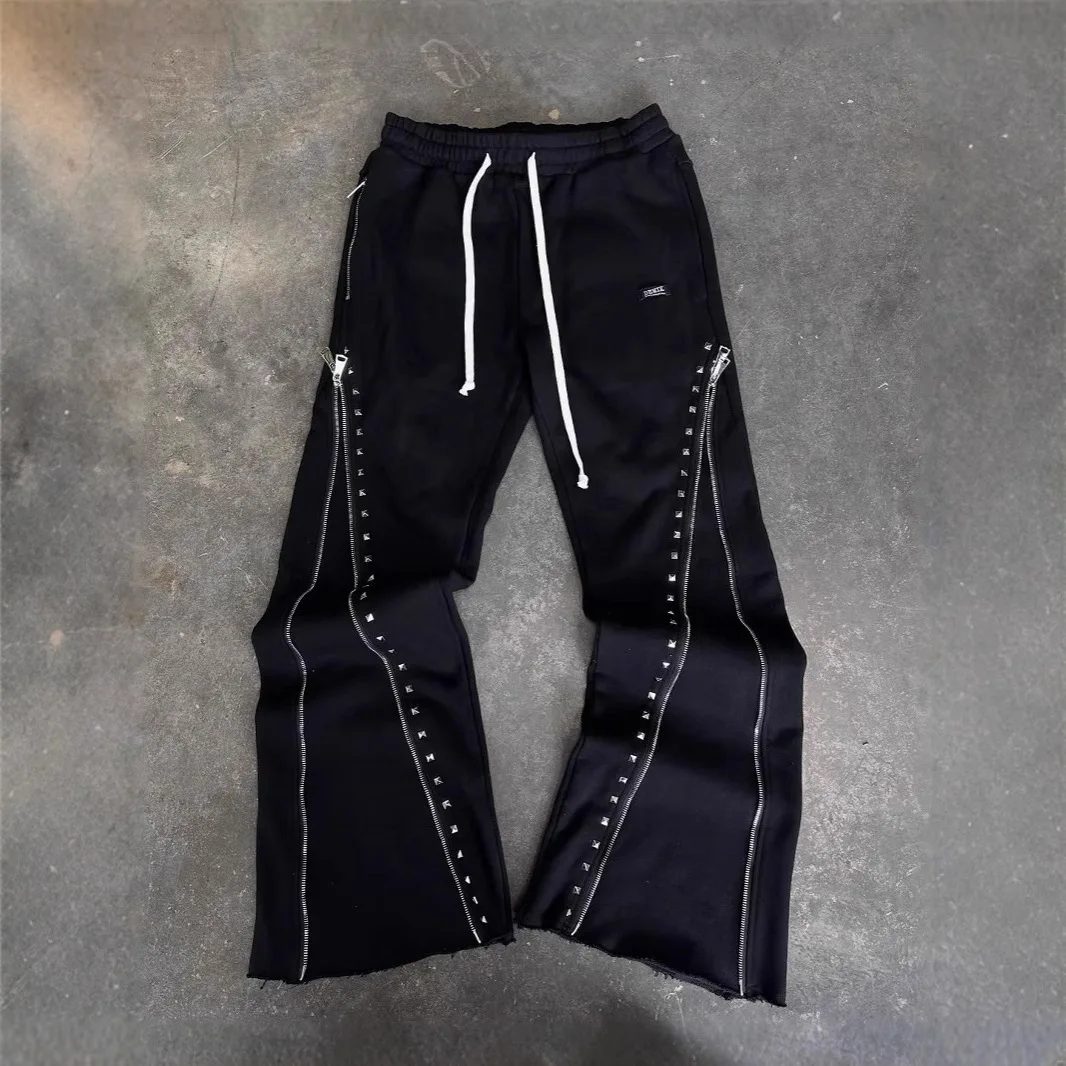 MWJLPWQ-pantalones de punto pesado con diseño de cremallera para hombre, pantalón recto, estilo callejero con cordón, estilo callejero, Vintage, Unisex, otoño 11516