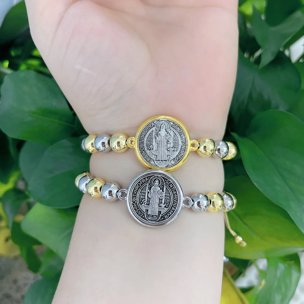 1 pcs and 5 pcs/lot Religious San Benito Cross Adjustable Beads Bracelet For Women Saint Benedict Charm Beaded Braided Bracelets