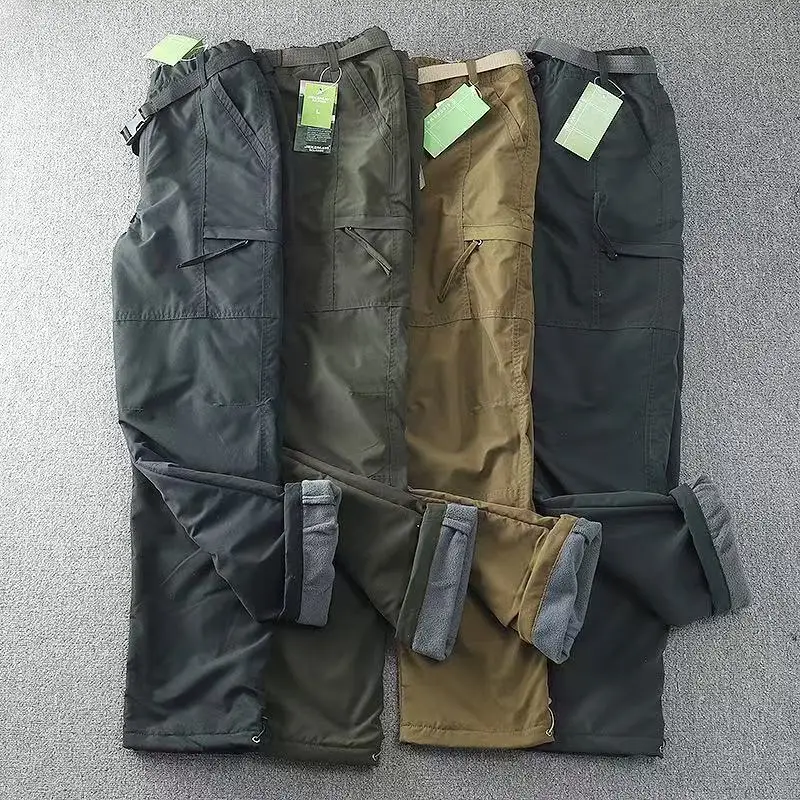 2024 Winter New Men's Windproof and Waterproof Outdoor Work Pants with Velvet and Warmth Multi Pocket Casual Pants