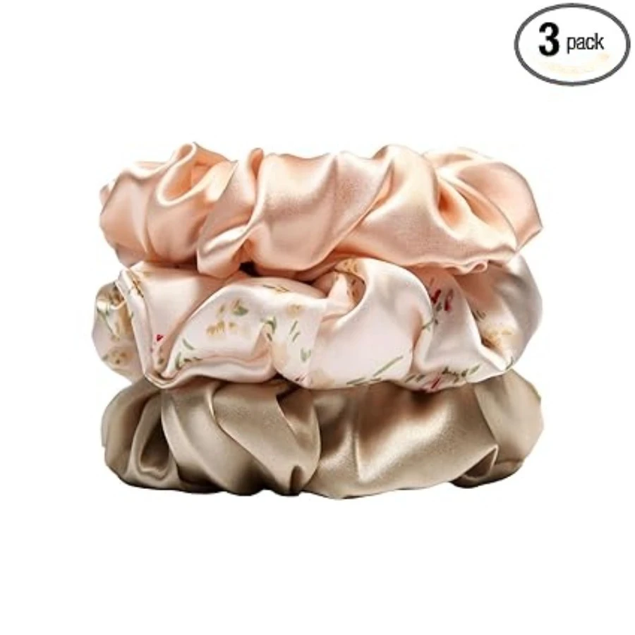 

100% Mulberry Silk Scrunchies Hair Ties Elastic Band Scrunchy For Women Girls Curly Hair, No Damage, Ponytail Holder, 3 Pack, 4 cm, Petal