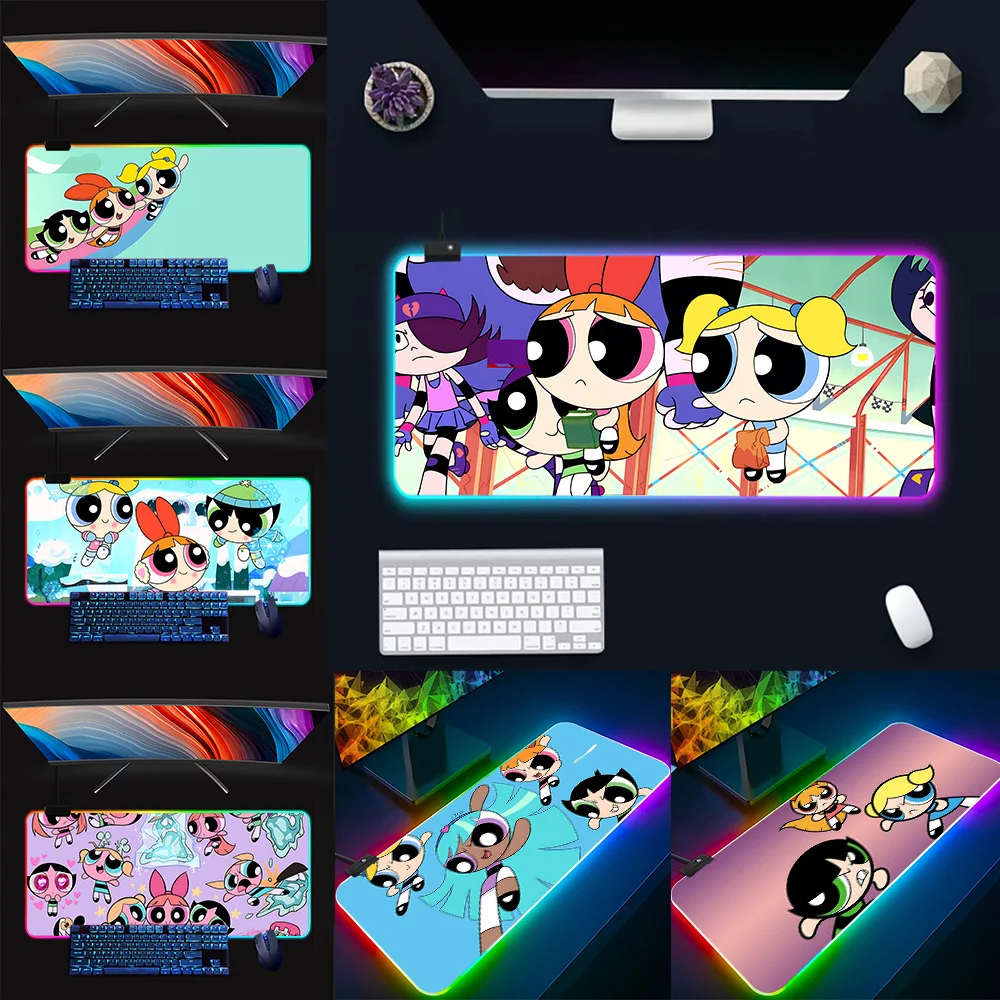 Cute Powerpuffs-Girls RGB Pc Gamer Keyboard Mouse Pad Mousepad LED Glowing Mouse Mats Rubber Gaming Computer Mausepad