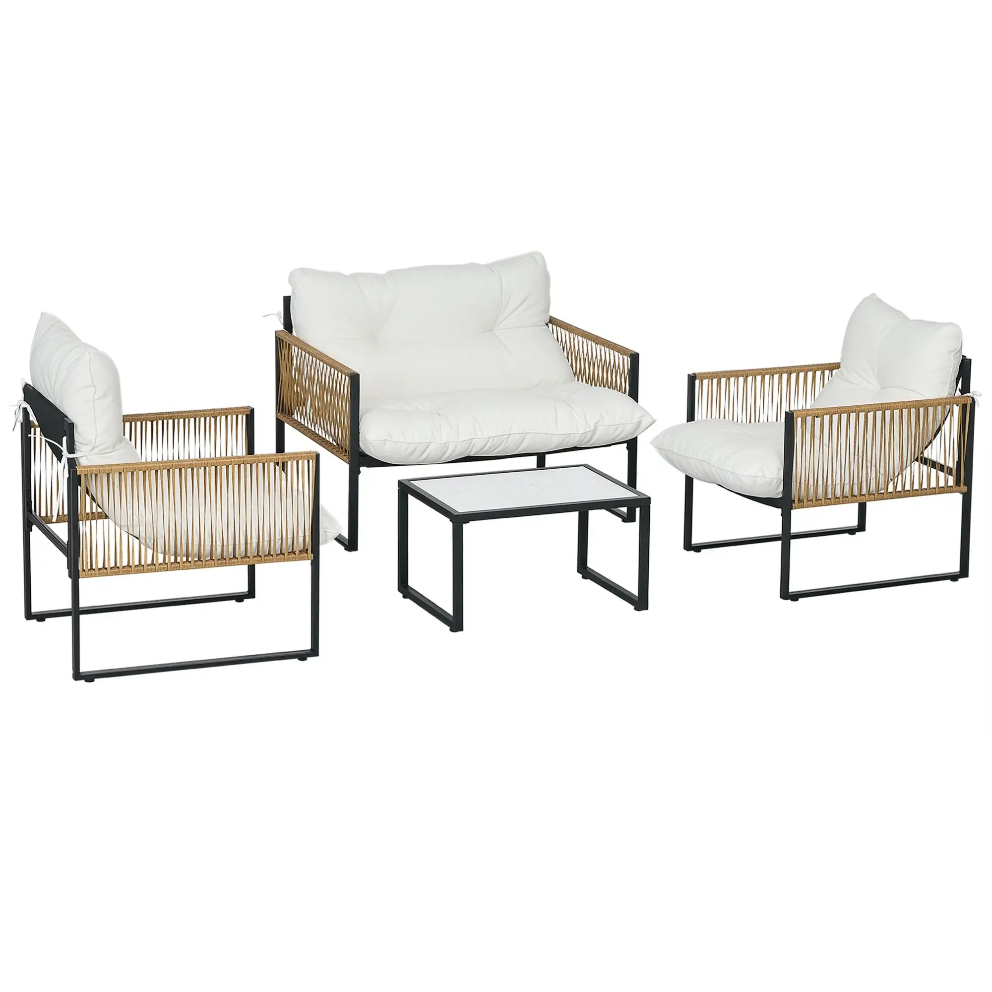 Ensemble de canapé de jardin en rotin PE, 5 pièces, avec 2 chaises, 1 canapé, 1 table basse, crème, résistant aux UV