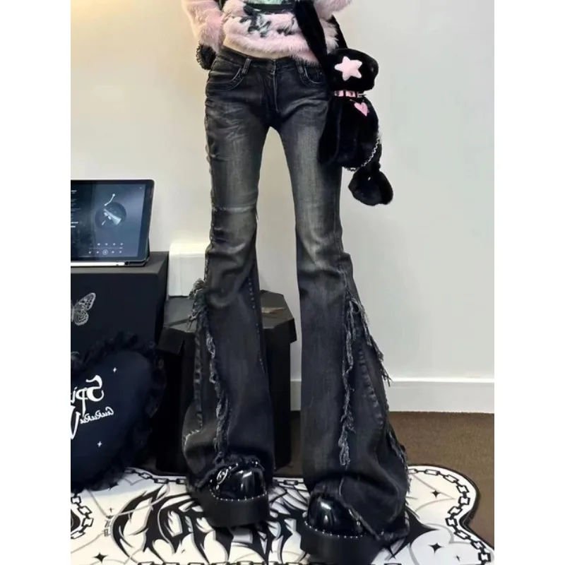 Y2K 2000s Aesthetic High Waisted Denim Jeans Women Gothic Punk Flare Pants Japanese Harajuku Hip-hop Street Fashion Trousers