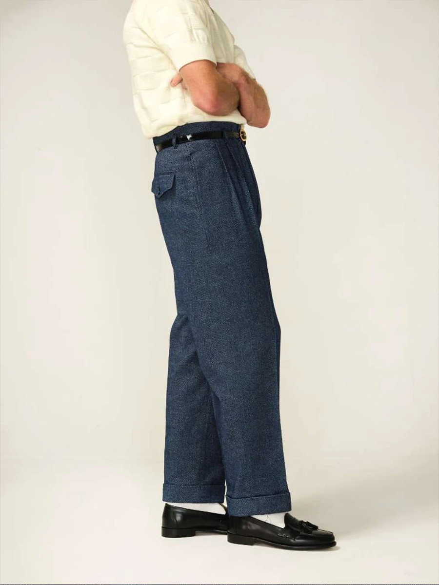Active Dye Pure Cotton Men's Hollywood Waist Casual Pants Denim Blue Loose Straight Retro Long Pants American Style