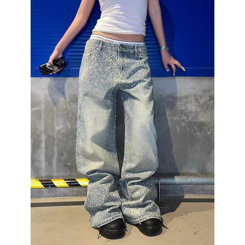 Full Rhinestone Print Washed Blue Baggy Jeans Women Streetwear Solid Casual Denim Trousers Loose Cargos