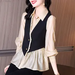 Elegant Fashion Ruffles Lantern Sleeve Fake Two Pieces Blouse 2022 Spring Autumn Korean Office Lady Turn-down Collar Slim Shirt