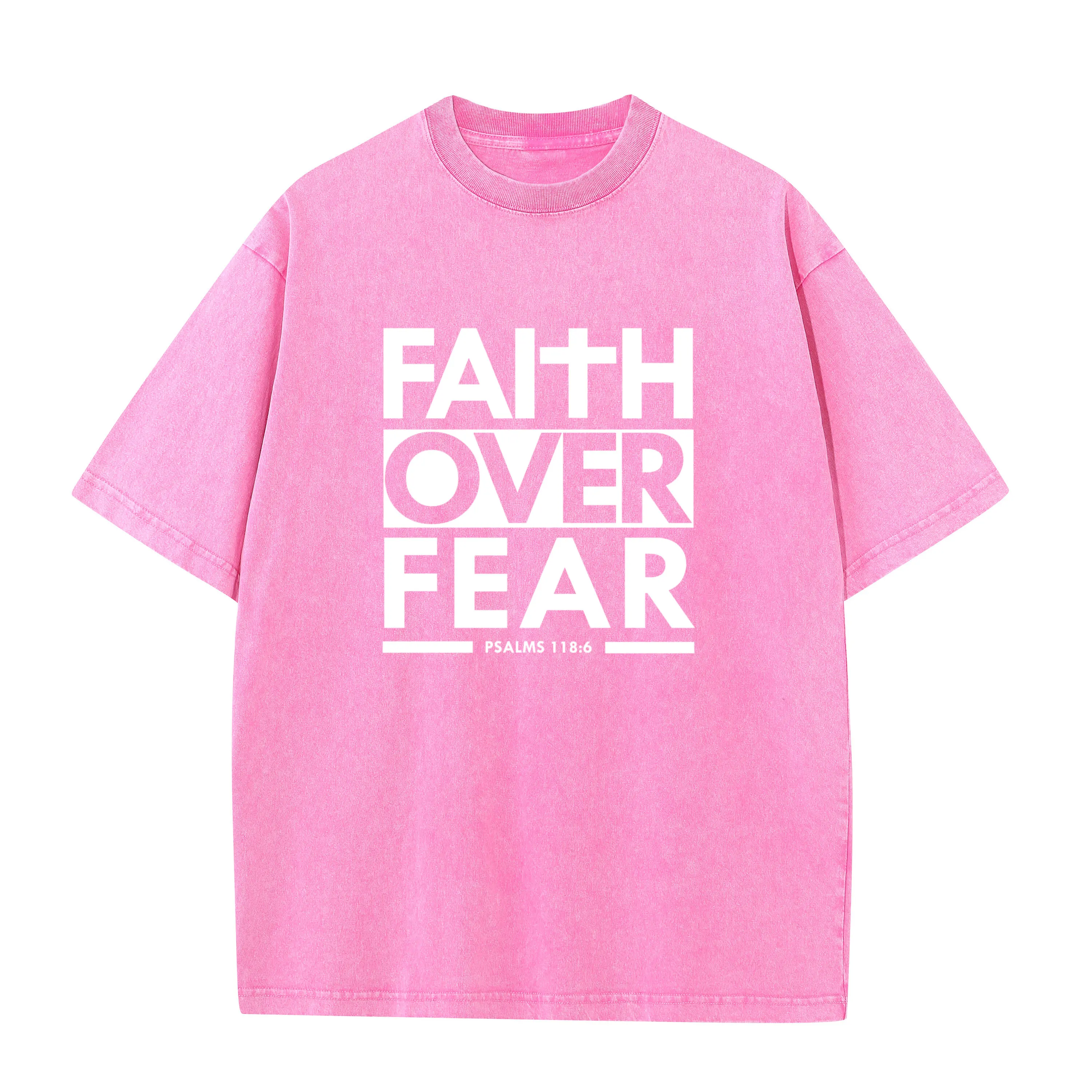 Faith Over Fear Bible Scripture Verse Christian Pullover Bleach style Tshirt High Street Men Washed style T shirt Tee