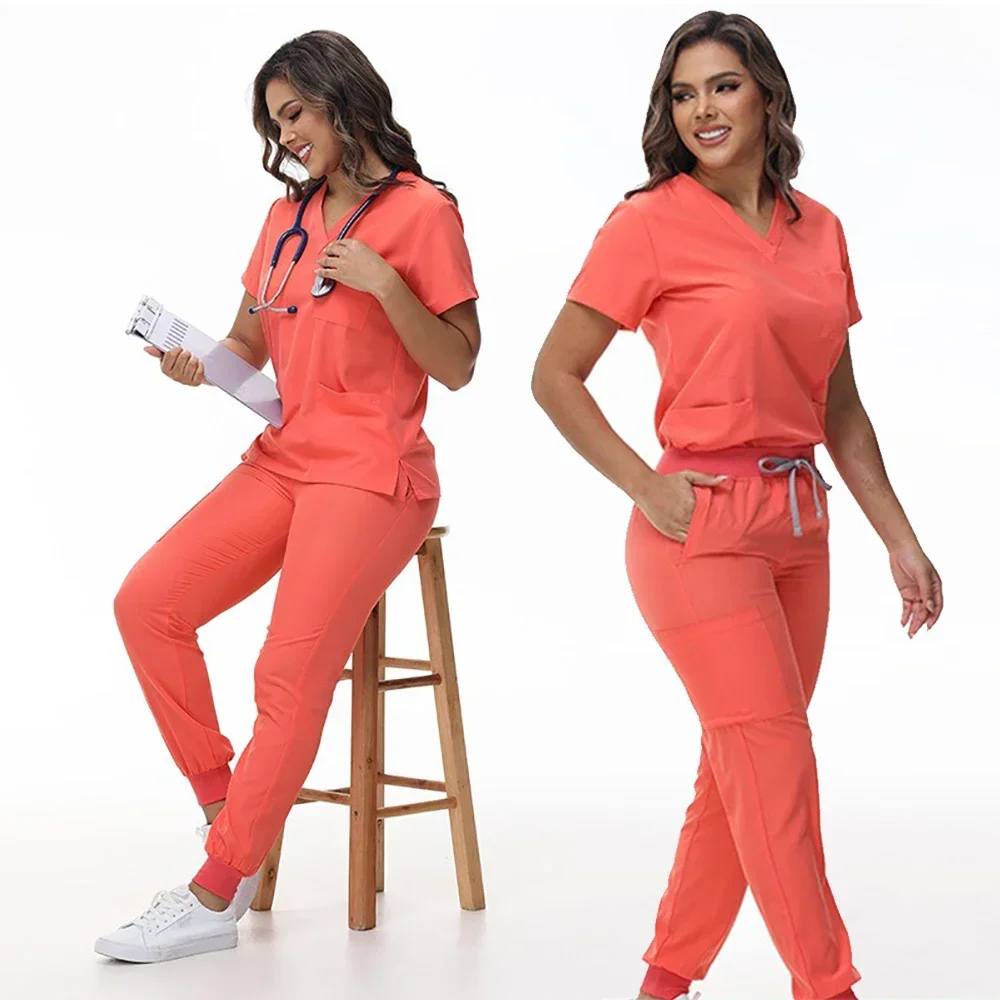 Stretch Scrub Top e Calças Conjunto, Uniformes Médicos, Uniforme de enfermeira, Médico Cirurgia Macacão, Salão de beleza Workwear, Novo