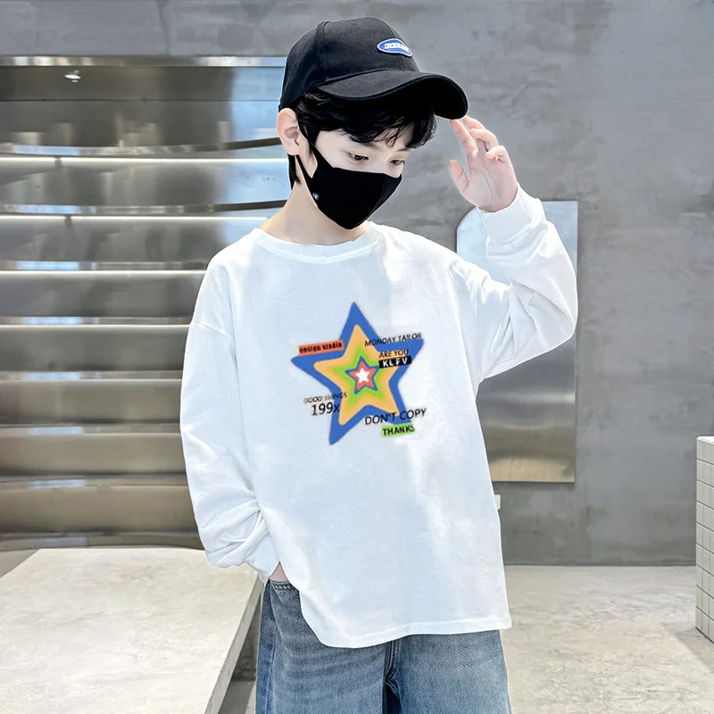 Spring Autumn Kids Boys Cotton T-shirt with Star Print School Child Long Sleeve Tshirt White Color Casual Tee Shirt Tops 5-14 Y