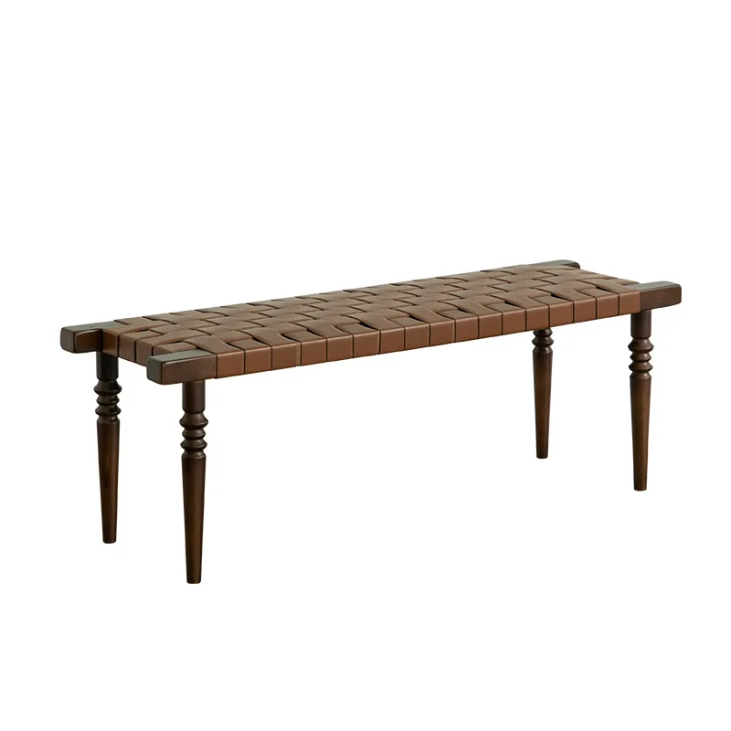 

French retro solid wood bench, Nordic simple entrance saddle leather woven shoe changing stool