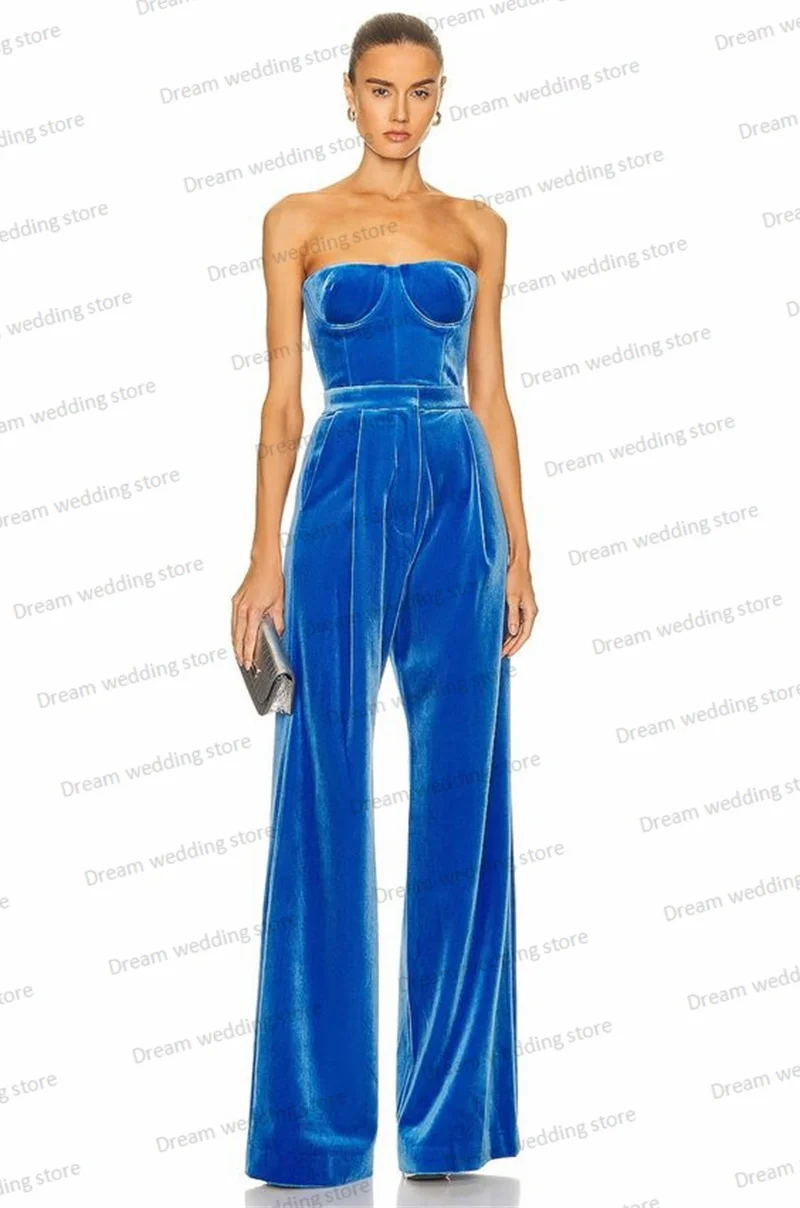 Velvet Blue Women Suit Set 3 Pieces Top+Jacket+Wide Leg Pants Wedding Tuxedo Autumn Guest Prom Dress Custom Made Blazer Coat