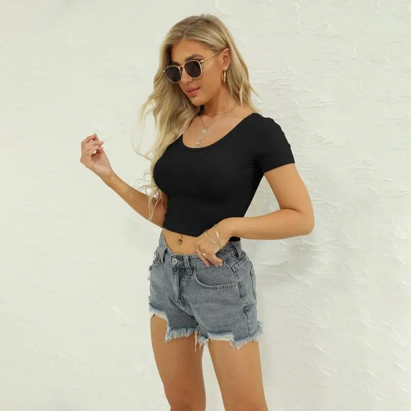 2024 new women's blouse ins European fashion solid color round neck V-neck two wear short-sleeved T-shirt slim-fit bottom shirt