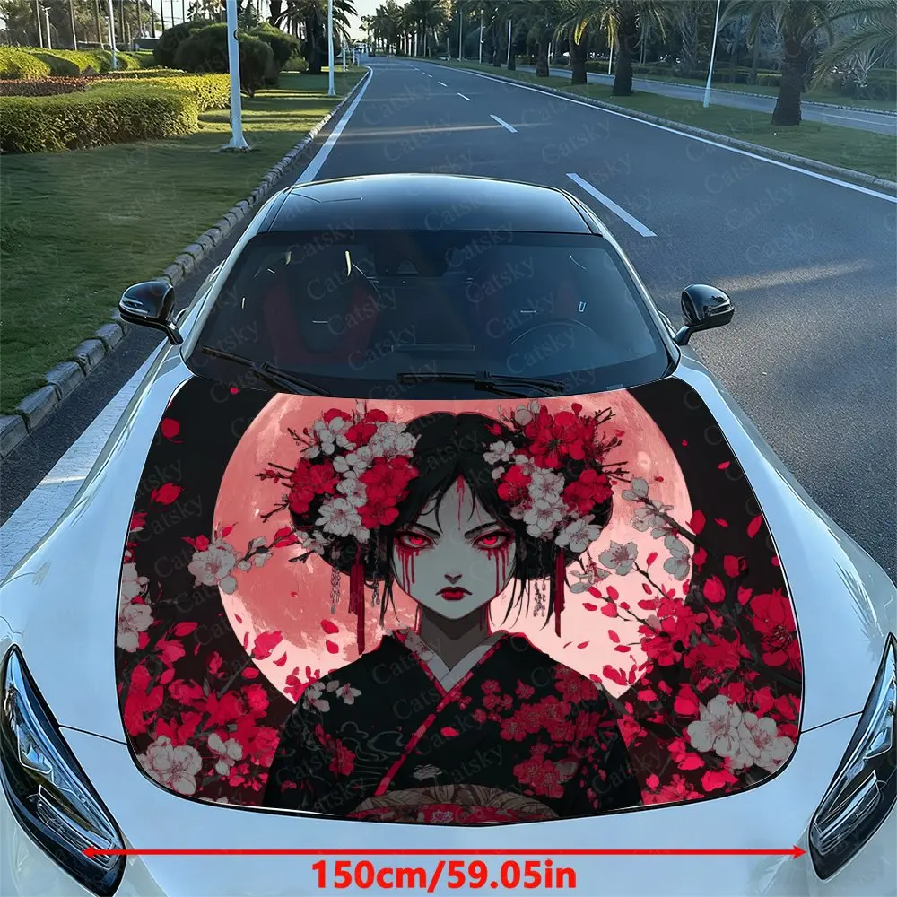 Horror Kimono Girl Car Hood Decal Sticker, Durable Car Vinyl Wraps Suitable For Most Vehicles, Car Engine Hood Protective Film G
