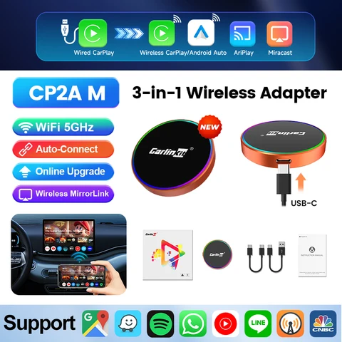 CarlinKit CP2A M Беспроводной адаптер CarPlay Android Auto с функцией дублирования экрана для MiraCast AirPlay, подключение Plug and Play, бесшовное соединение.