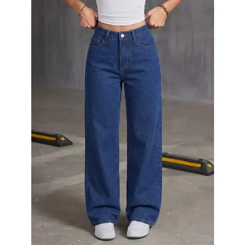OIQERE Women Solid Color Denim Long Pants High Waist Loose Wide Leg Jeans Trendy Casual Trousers For Outdoor Daily Wear