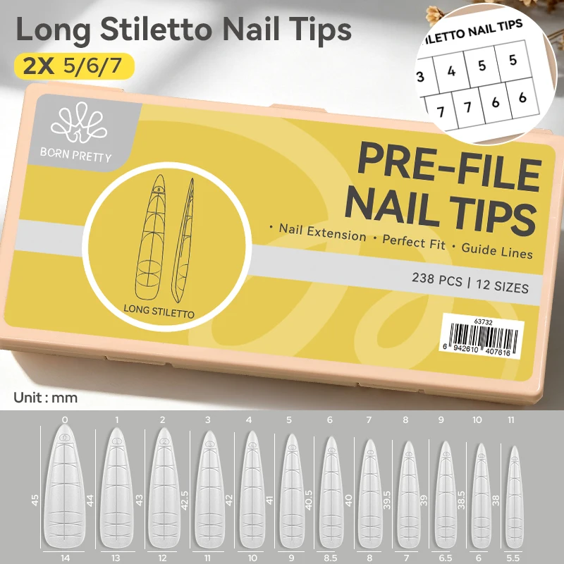 BORN PRETTY Long Stiletto Nail Tips With Built-in Guide Lines Full Cover 238PCS 12 Sizes Reshape Into Multiple Shapes Salon Nail