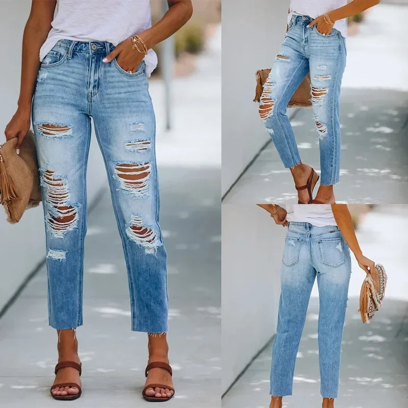 

Jeans Summer Temperament Simple Holes Slim Slim Wash Denim Trousers Women