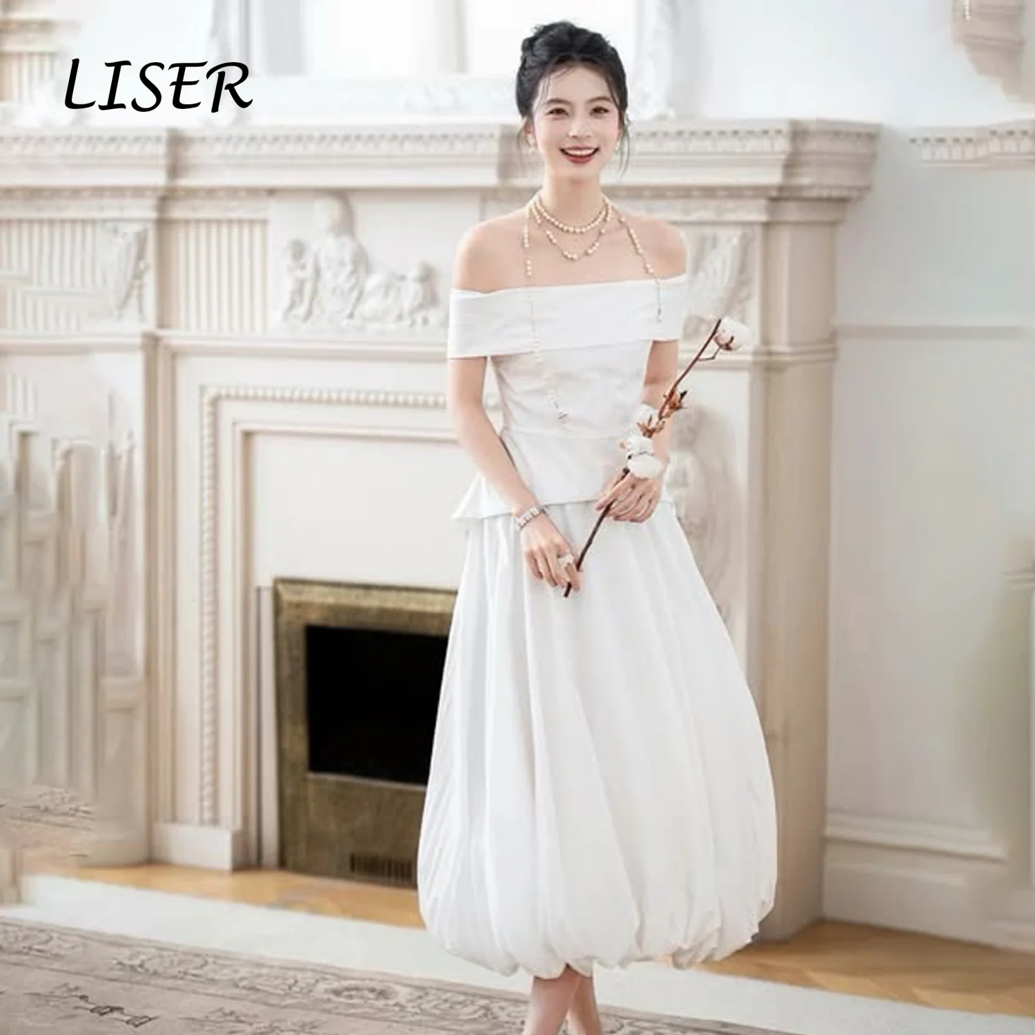Liser Ivory Satin Wedding Dresses Elegant Off Shoulder Bride ankles length dress Photo shoot Korean Princess Dress Customized