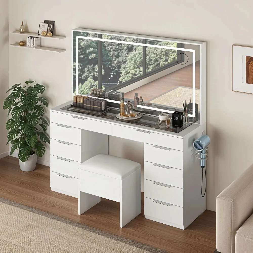 

Vanity Desk Makeup Glass Tabletop Mirror LED Light w/ Power Outlet