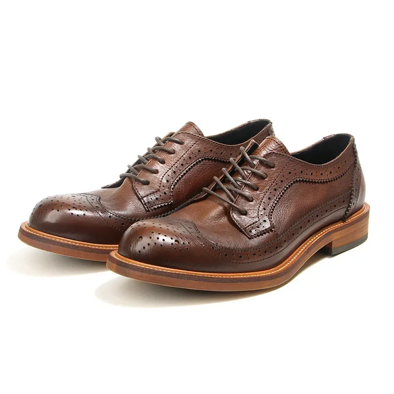 Handmade Men Dress Shoes High Quality Cow Leather Business British Brogue Shoes Ankle Tooling Desert Boots Wedding Wedge