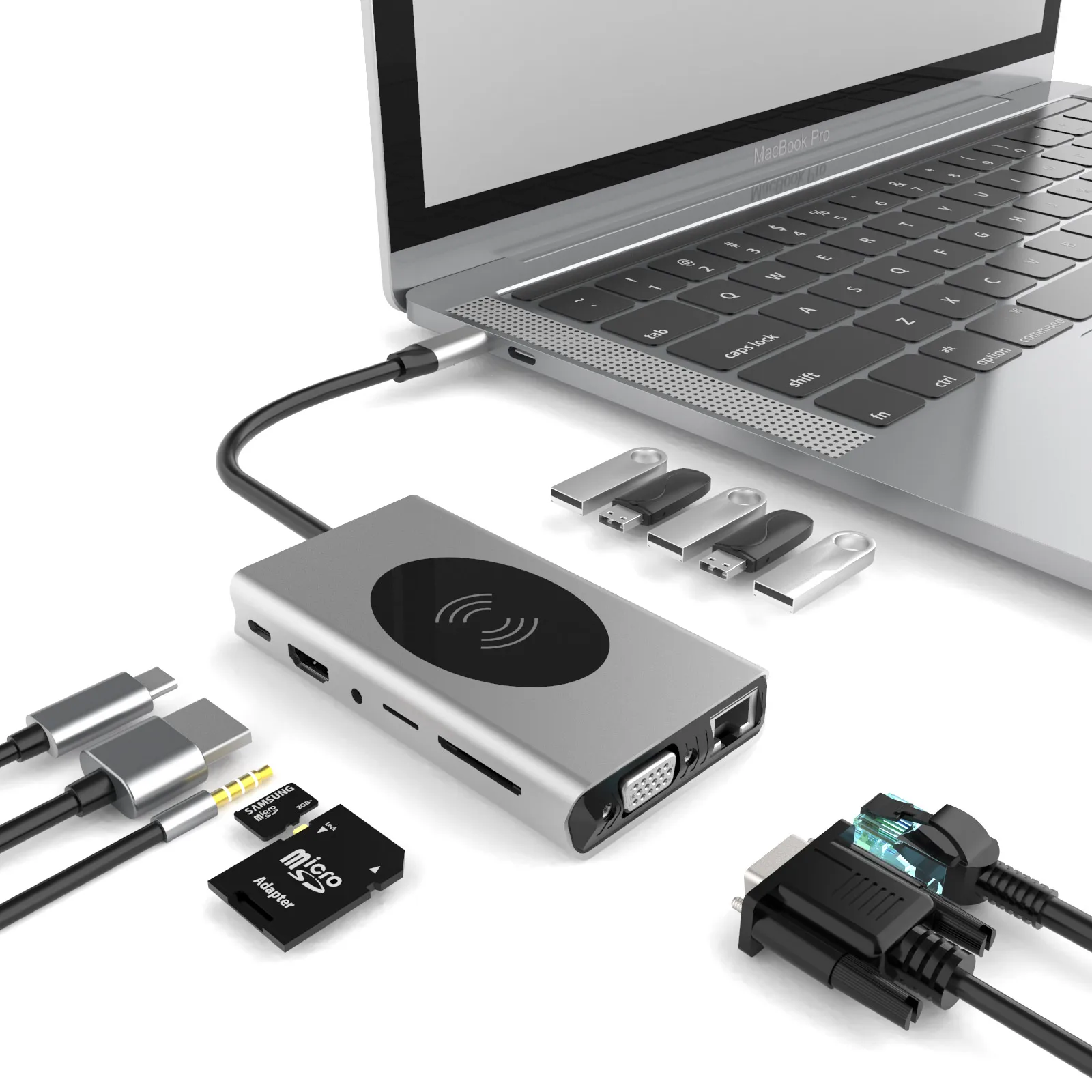 

Type c Hub For Macbook All 13 In 1 with 5 USB 3.0 Port HDMI VGA Gigabit Ethernet Audio SD TF Card Reader PD & wireless Charging