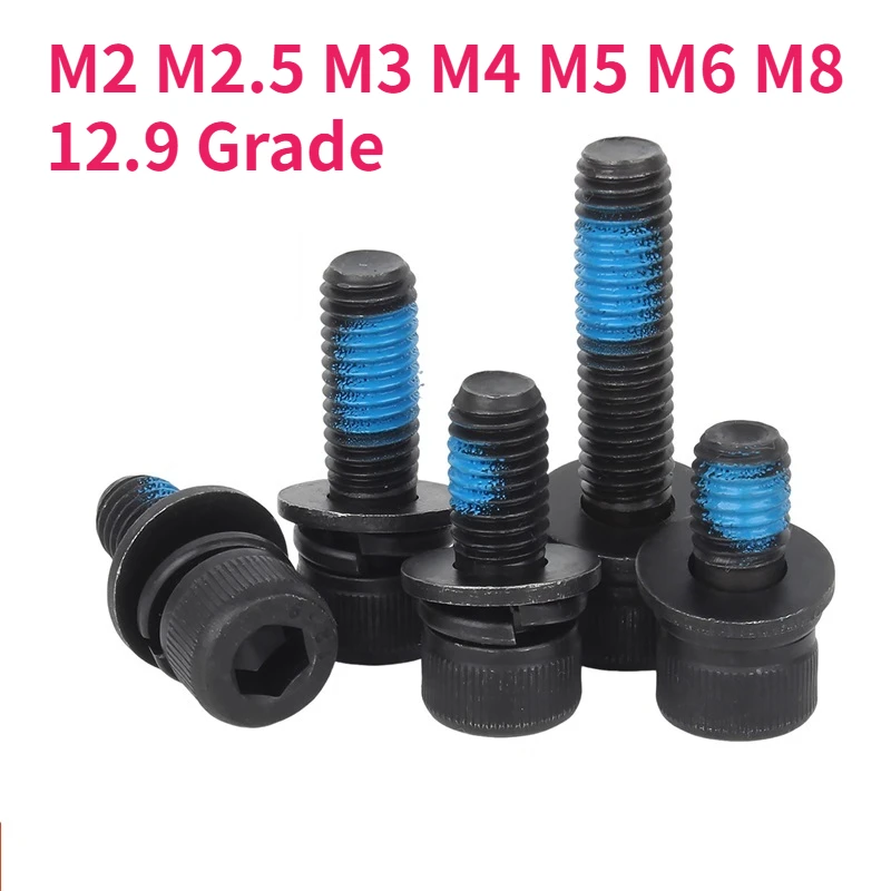 M2 M2.5 M3 M4 M5 M6 M8 Black Grade 12.9 Allen Hexagon Socket Cap Head Screw With Flat/Spring Washer Blue Dispensing Combination