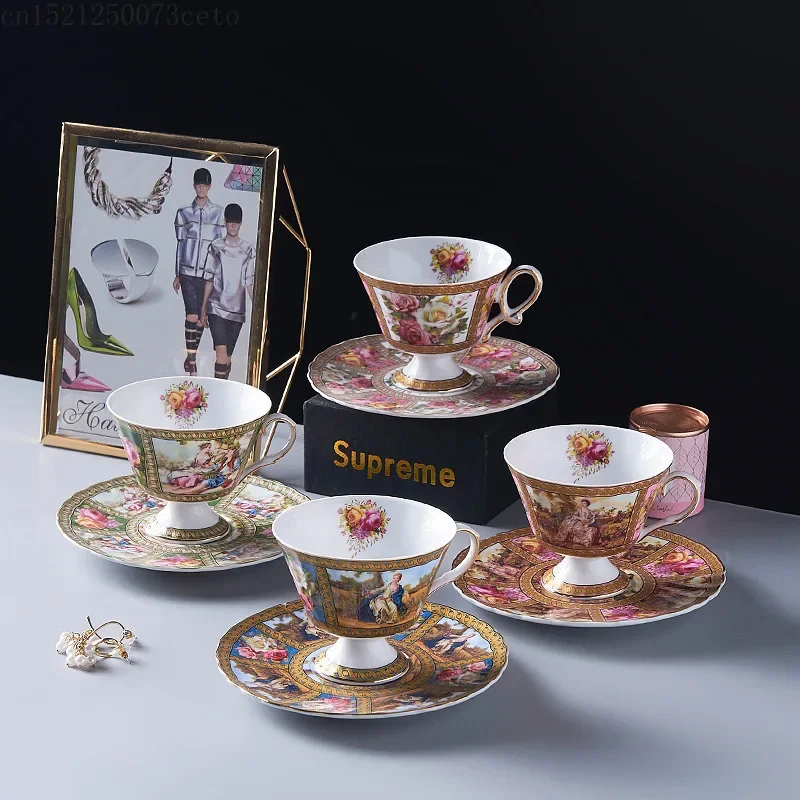 200ML Nordic Ceramic Coffee Cup Set Retro Afternoon Tea Black Tea Saucers Cups Set Gold Thread Ceramic Coffee Mug New Home Gift