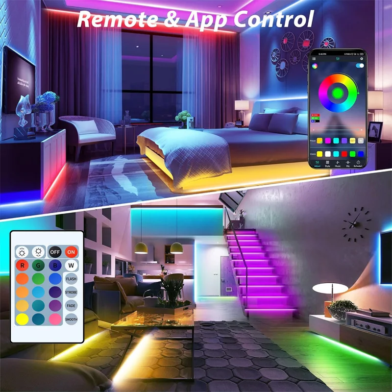 Luzes de tira LED com aplicativo e controle IR, RGB, USB, brilhante, melhor terno para quarto, TV, parede, sala de estar, decoração da festa, 5050,