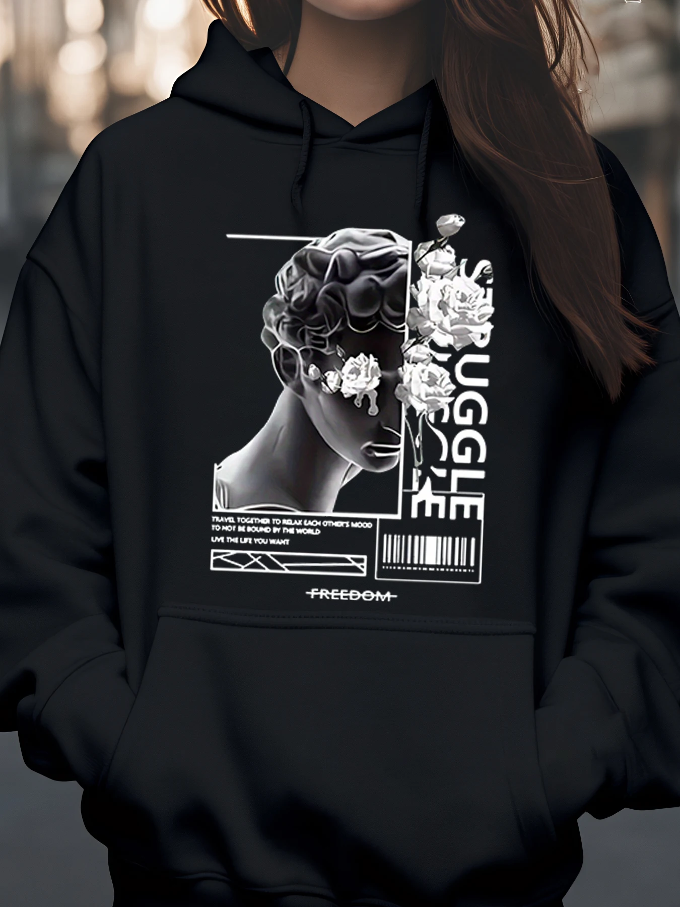 

Толстовка с цветочным принтом и скульптурным принтом для женщин, осенне-зимняя уличная одежда, повседневная одежда, модная одежда