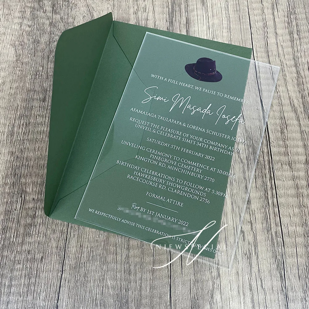 

Creative Design 2mm/1mm Thickness Clear Acrylic invitation Minimalist Wedding invitation with Green Color Envelope