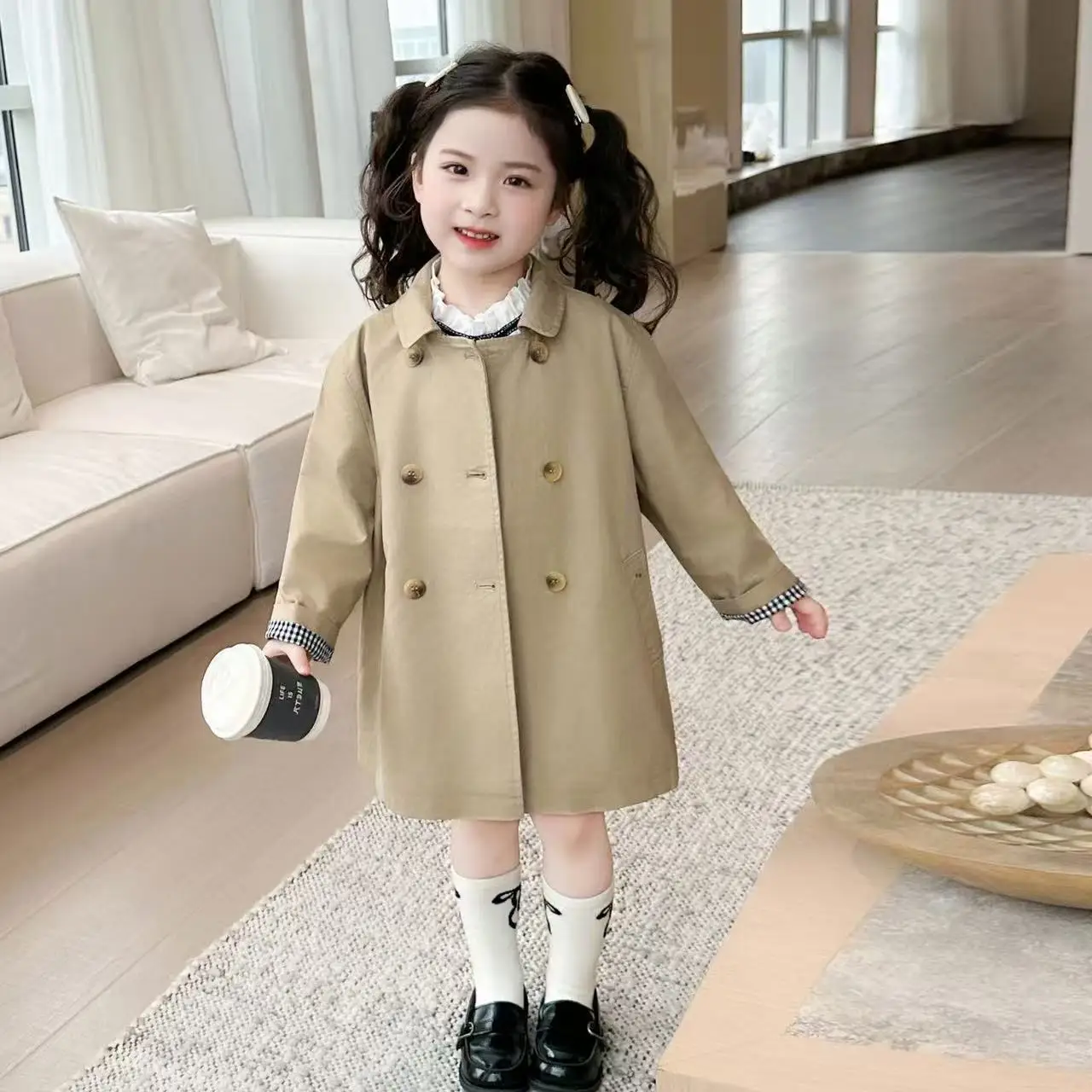 Girls' Korean Style British Style Medium Long Windbreaker Jacket for Spring 2026 New Stylish Children's Lapel Casual Coat