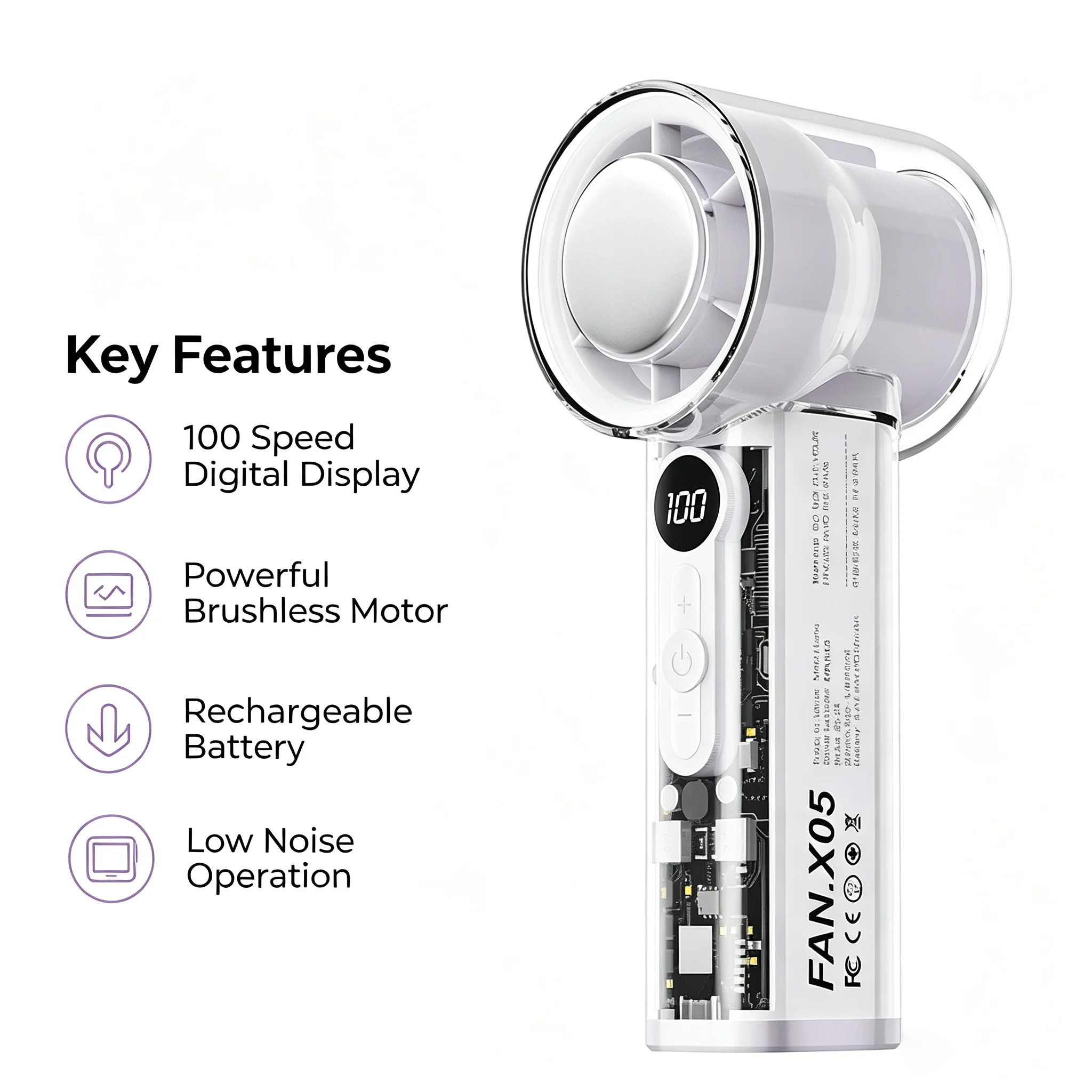 100‑Speed Digital Display Handheld Mini Fan 5000mAh USB‑C Rechargeable Turbo Portable Personal Fan Purple White For Outdoor Trav