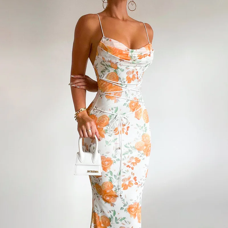 2025 Primavera Estate Stampa floreale Cinghia per spaghetti Abiti lunghi Donna Senza maniche Fasciatura senza schienale Abito da festa elegante da donna