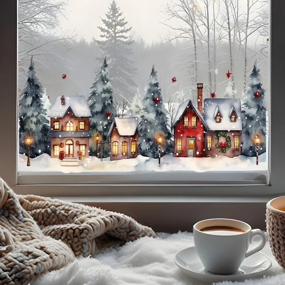 Waterproof Christmas Village Window Stickers Static Adhesive Snowy House Pattern Christmas Window Clings Watercolor Style