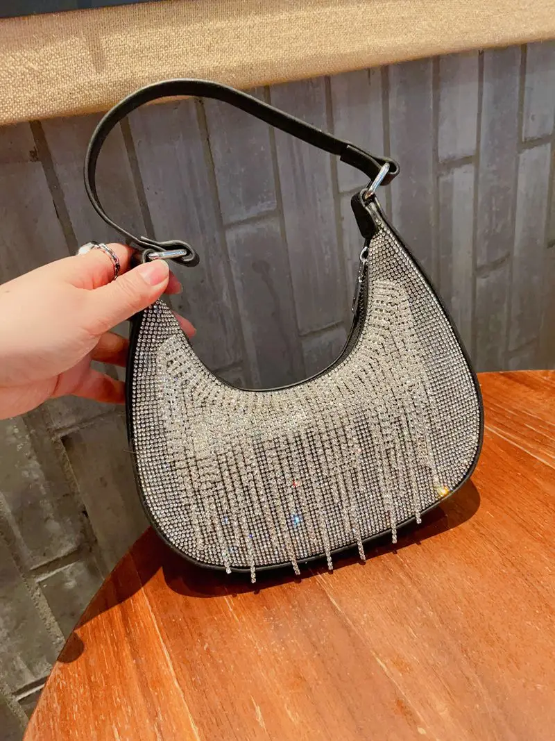 Bling Shiny Tassel Women Fashion Handbag Glitter Rhinestone Diamond Evening Bag Wedding Party Clutch Purse Shoulder Underarm Bag