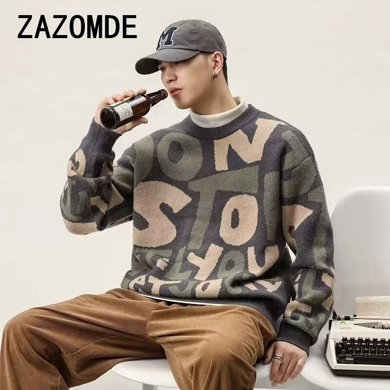 ZAZOMDE Long Sleeve Round Collar Thick Pullover Crewneck Knitted Sweaters Men High Quality Loose Fit Knitwear Korean Fashion Men