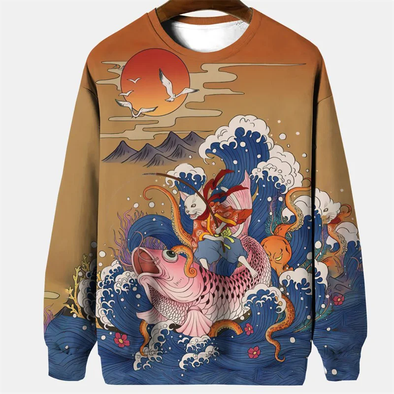 Japanese Cat Pattern Hoodie For Men Retro Animal 3D Print Sweatshirt Casual Long Sleeve O-Neck Hoodies Pullover Loose Streetwear