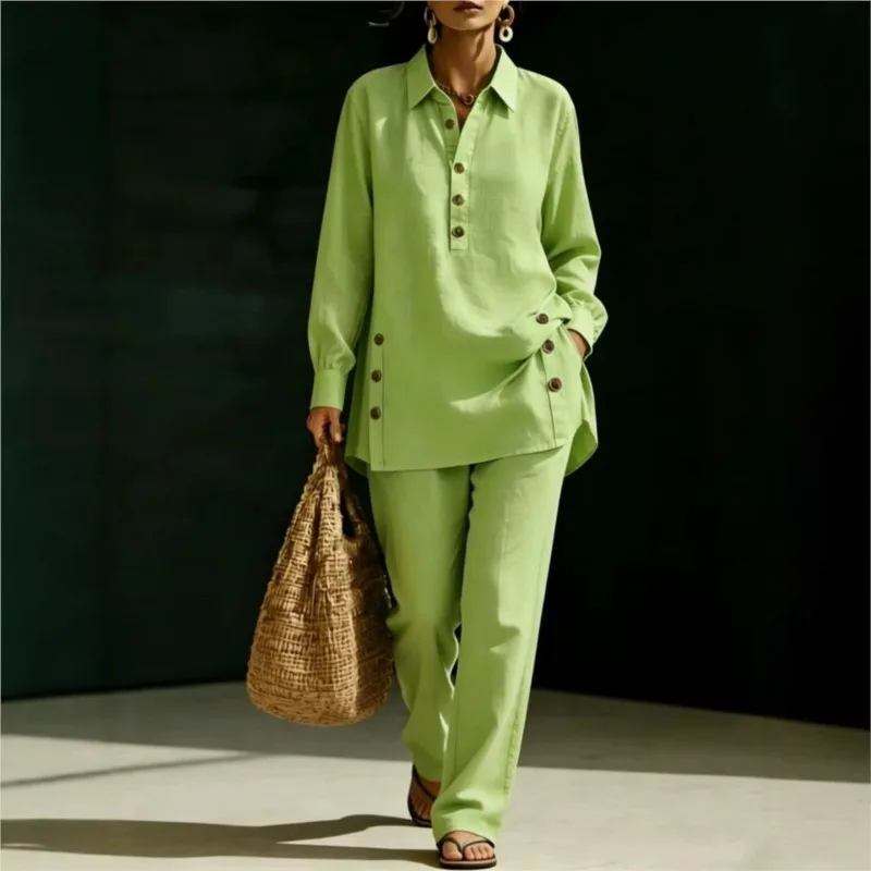 Elegant Button Decoration Design Loose Suit Women's Fashion Lapel Shirt+pants Two-piece Set Ladies Foreign Style Office Outfit