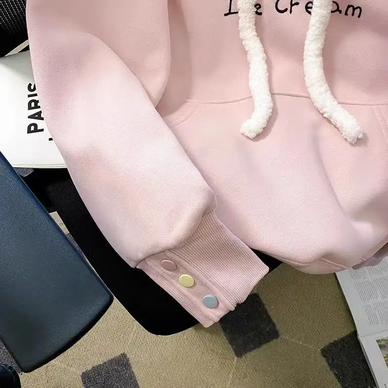 Pink Cartoon Embroidered Hooded Sweatshirt for Women Autumn Winter New Style Velvet Thickened Outer Wear Loose Warm Top Jacket