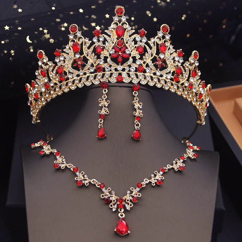 Fashion Red Bridal Jewelry Sets for Women Choker Necklace Earrings With Crown Wedding Bride Set Costume Accessories