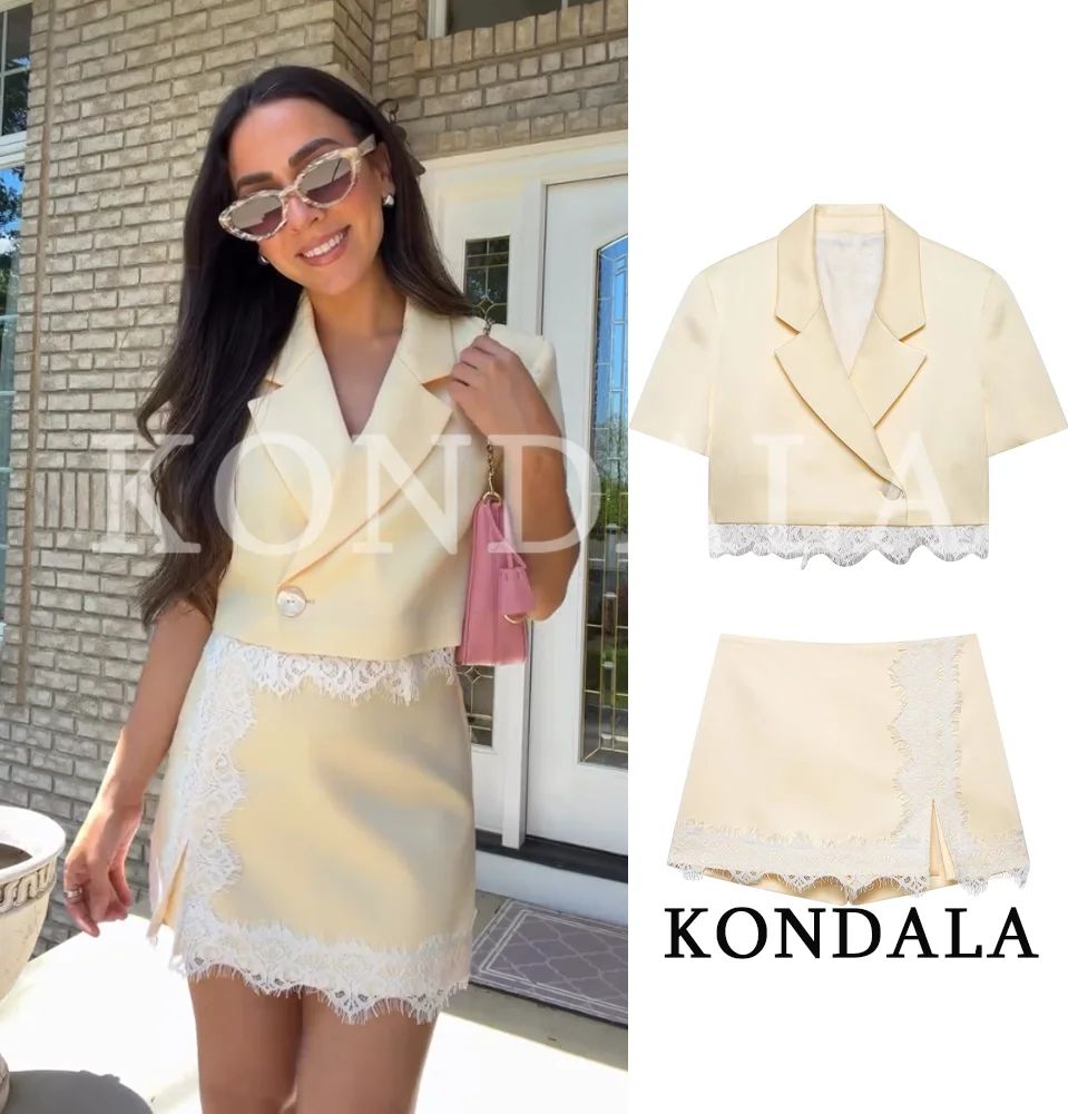 Damen Schicker Eleganter Shorts-Anzug KONDALA 2026 Sommer Mode Freizeit Urlaub Blazer-Set Spitzenbesatz Kurzarm-Blazer, Niedliche Culottes